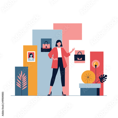 Modern Boutique Display Featuring Stylish Woman And Designer Handbags