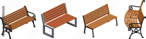Set of wooden park benches vector illustration featuring classic outdoor seating designs with metal frames, urban furniture collection isolated on light background