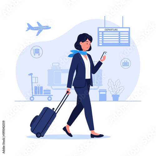 Modern Businesswoman Navigating Airport With Smart Device and Luggage