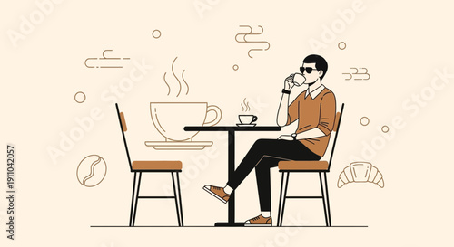 Modern Cafe Scene Man Enjoying A Hot Beverage And Pastry With Simple Graphics