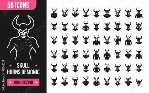 Demonic skull icons with horns for creative projects