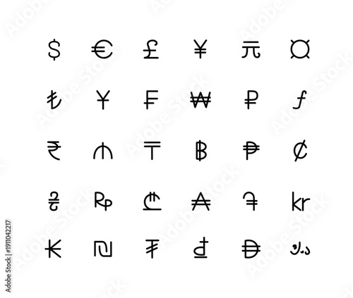 Different Types Currency Sign Black Thin Line Icon Set Include of Dollar, Euro, Shekel and Yen. Vector illustration of Icons