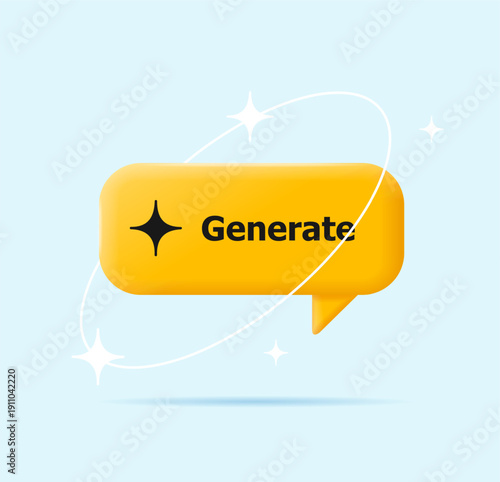3d Yellow Speech Bubble Icon with Sparkle Sign Generate Concept Cartoon Design Style. Vector illustration Using of Artificial Intelligence Technology