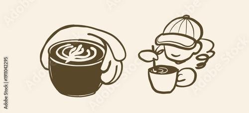 Coffee Latte Art Doodle Hand drawn Line Art