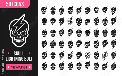 Skull icons with lightning bolts for modern designs and creative projects