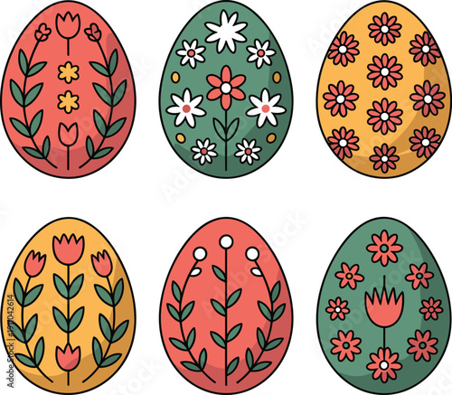 Decorated Easter Eggs with Floral Patterns in Pastel Colors - Stock Illustration