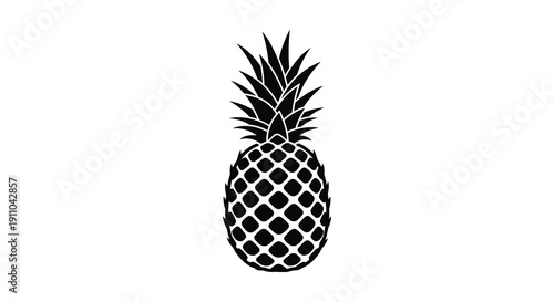 A striking black and white silhouette depicts a whole pineapple with detailed textured skin and spiky leaves high quality professional
