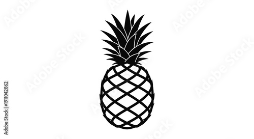 A striking black and white silhouette depicts a whole pineapple with detailed leaf and textured skin patterns high quality professional