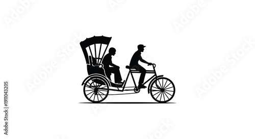 A silhouetted illustration depicts a traditional rickshaw with a driver and passenger traveling along high quality professional detailed