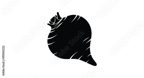 A stark black silhouette depicts a beetroot with visible leaves and a conical root shape against white