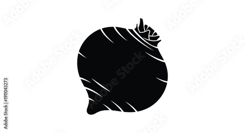 A stark black silhouette depicts a turnip or beet root vegetable with visible leafy greens atop high quality