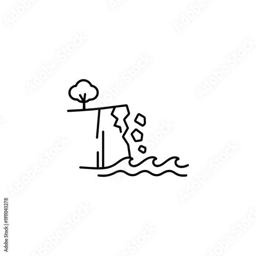 Coastal erosion line icon global warming climate change sea level rise environmental disaster black and white vector illustration