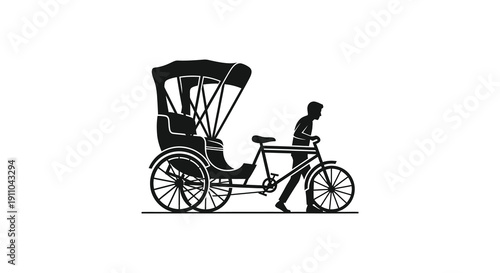 A striking black silhouette depicts a rickshaw pulled by a person showcasing a traditional mode of transport