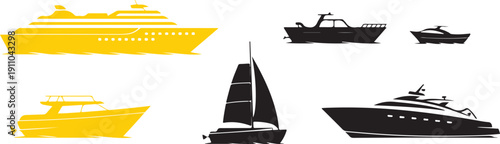 A varied collection of boat and ship silhouettes including cruise liners, yachts, and sailboats