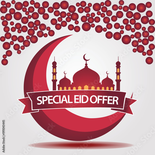 Eid celebration graphic with mosque and crescent moon design