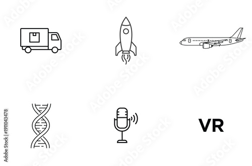 Icons representing various modes of transportation and modern technology symbols
