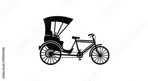 A striking black silhouette depicts a vintage rickshaw a two wheeled carriage pulled by a bicycle showcasing traditional transport
