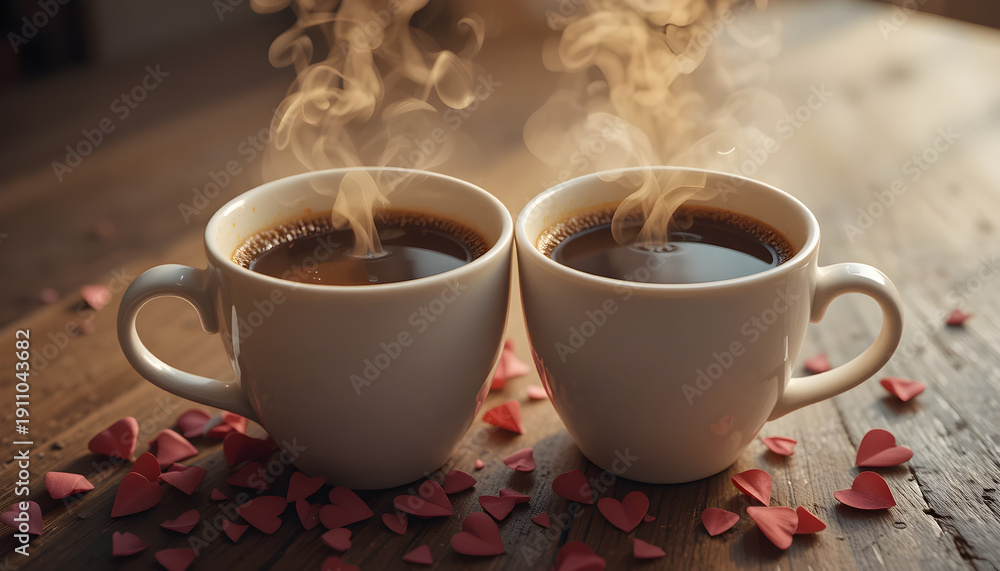 Fototapeta premium Two Cups of Coffee with Heart Confetti on Wooden Table