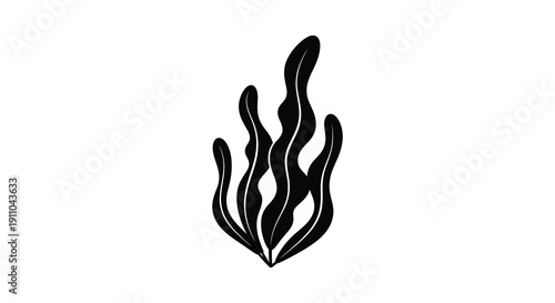 A striking black and white illustration depicts stylized flames resembling plant like forms or seaweed against a plain white background