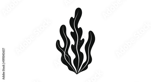 A striking black silhouette depicts stylized seaweed or aquatic plant life against a clean white background high quality