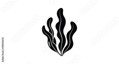 A minimalist illustration depicts tall dark seaweed or kelp fronds rising from a base creating a striking visual