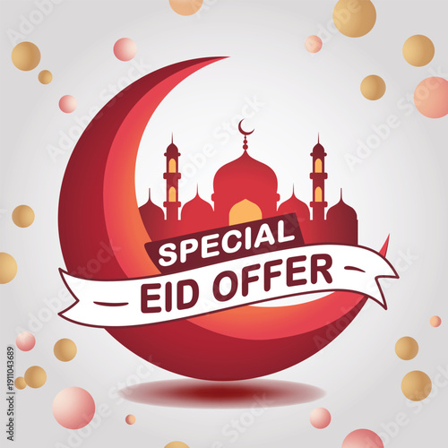 Eid celebration special offer with mosque and crescent moon