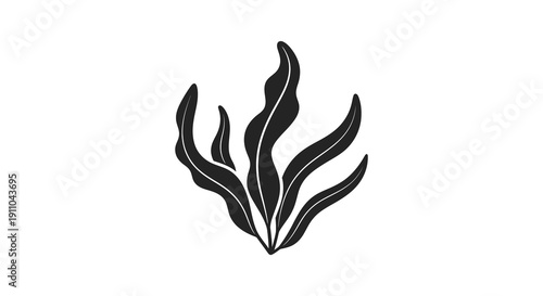 A stylized black and white illustration depicts a cluster of seaweed or aquatic plant fronds high quality professional