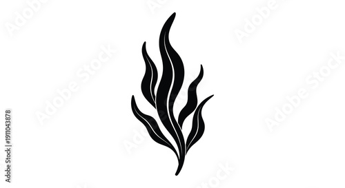 A simple black and white illustration depicts stylized seaweed or tall grass blades creating an elegant flowing design