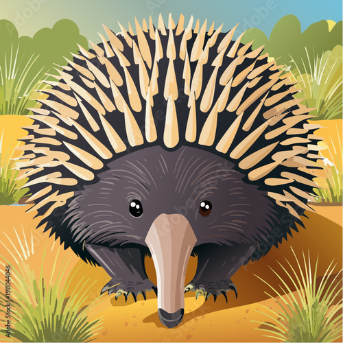 A close-up illustration of an echidna in its natural habitat, an Australian grassland