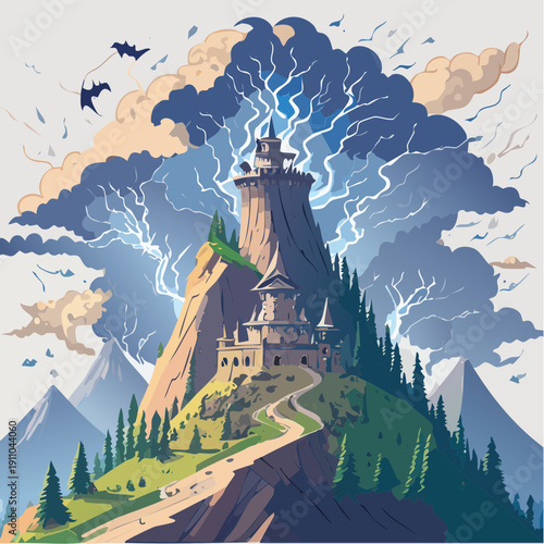 Mystical Tower on a Rocky Peak Amidst a Thunderstorm
