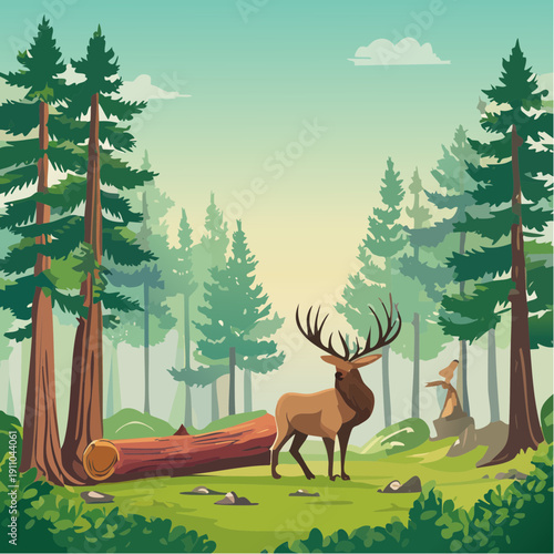 Majestic Deer Stands Guard in a Vibrant Forest Clearing, Surrounded by Towering Pines and Lush Greenery