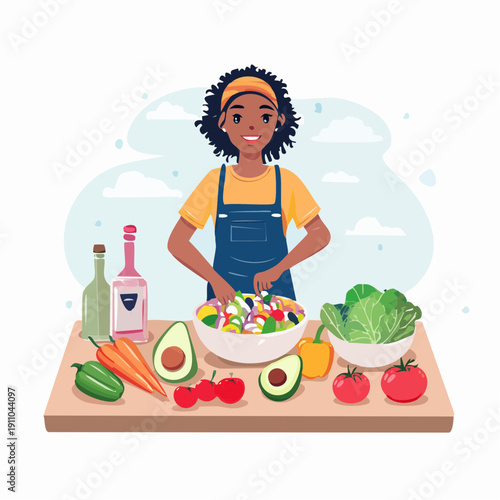 Young Black Woman Preparing a Healthy Salad with Fresh Vegetables