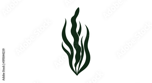 A minimalist depiction showcases dark green seaweed fronds against a stark white background creating a simple design