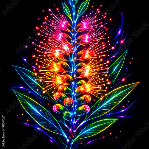 Neon Callistemon Bottlebrush Flower Glowing Line Art