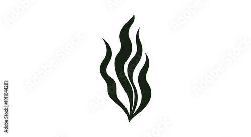 A simple graphic depicts dark green seaweed or aquatic plants with flowing curved shapes against a white background