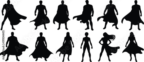 Superhero silhouette illustration set, twelve black icons male female capes heroic poses strength power design, vector artwork, comic and entertainment theme, isolated background