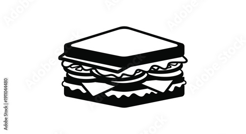 A simple black and white illustration depicts a stacked sandwich with visible layers of fillings high quality professional