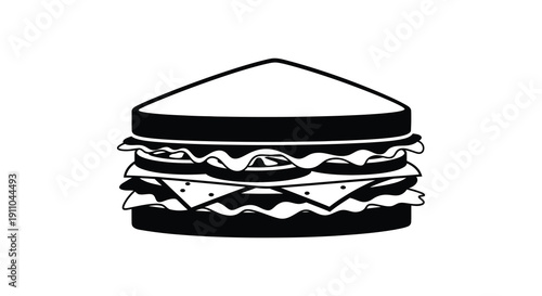 A simple black and white illustration depicts a stacked sandwich with visible layers of fillings and bread