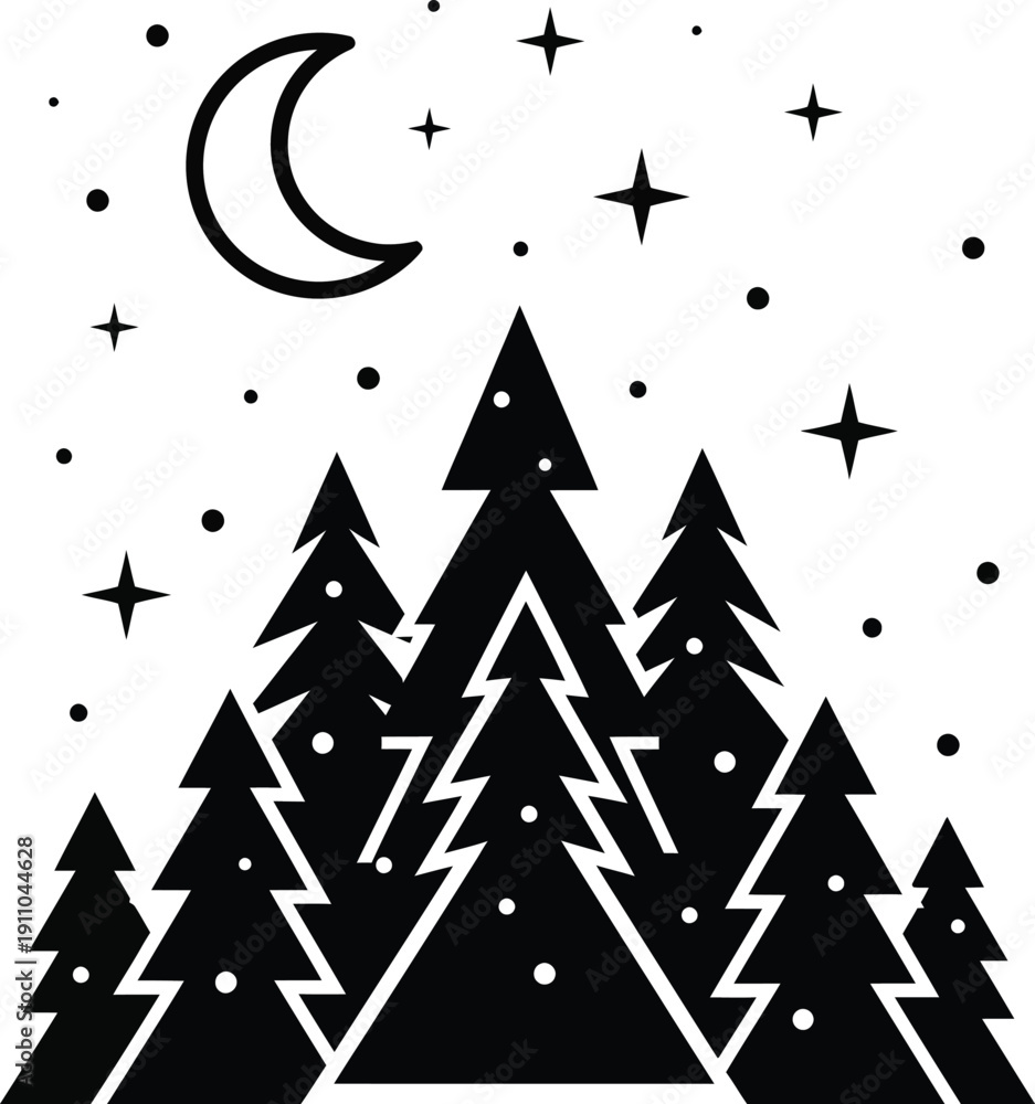 Fototapeta premium night forest, crescent moon, stars