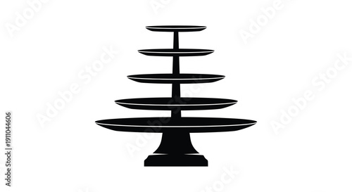A minimalist black and white illustration depicts a five tiered serving stand isolated on a white background high quality professional detailed