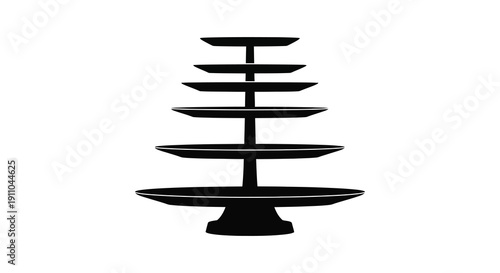 A minimalist black silhouette depicts a tiered serving stand featuring six circular plates stacked upon a central column