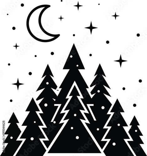 night forest, crescent moon, stars