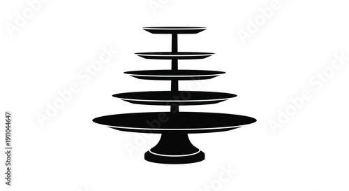 A minimalist black and white illustration depicts a tiered serving stand featuring five circular plates stacked atop one another