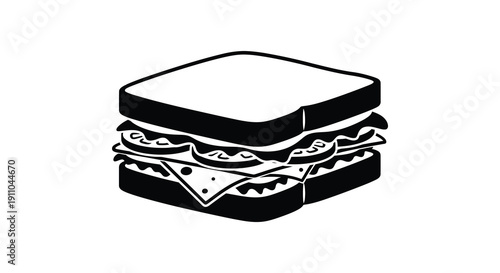 A simple black and white illustration depicts a classic sandwich with visible layers of bread fillings and cheese