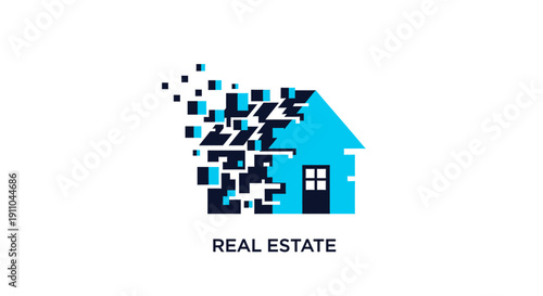 Modern House Icon Exploding Into Pixels Representing Digital Real Estate Technology