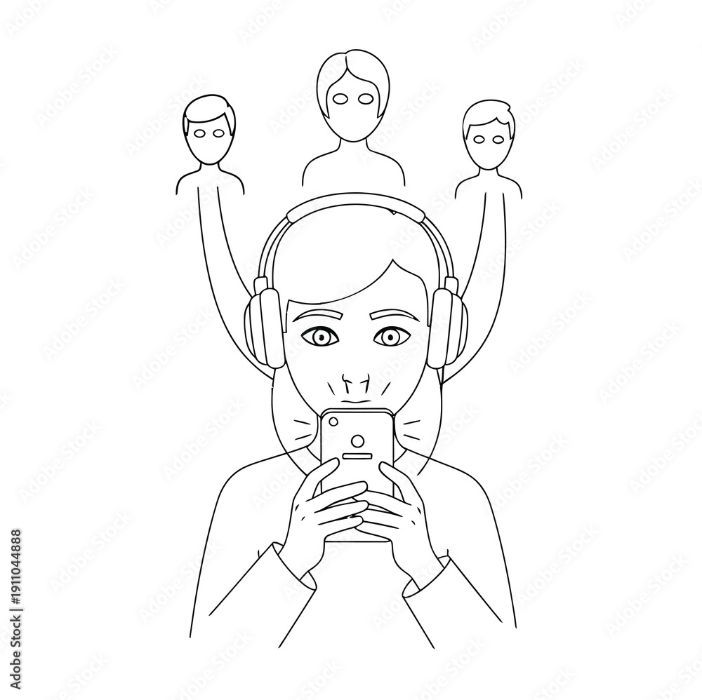 custom made wallpaper toronto digitalYoung woman wearing headphones listening to music on smartphone while surrounded by multiple floating anonymous people heads representing social media influence and digital overload