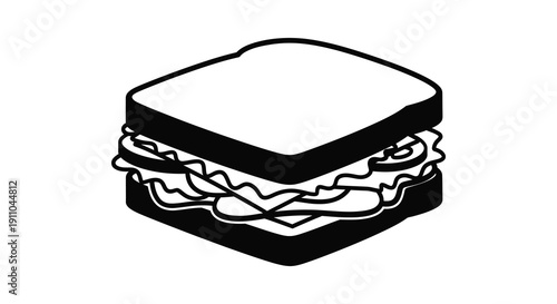 A simple black and white illustration depicts a classic sandwich with layered fillings and bread high quality professional