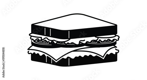 A simple black and white illustration depicts a stacked sandwich with visible layers of bread fillings and cheese