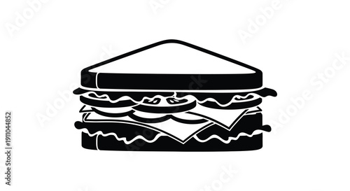A simplistic black and white illustration depicts a classic sandwich with visible layers of fillings high quality professional