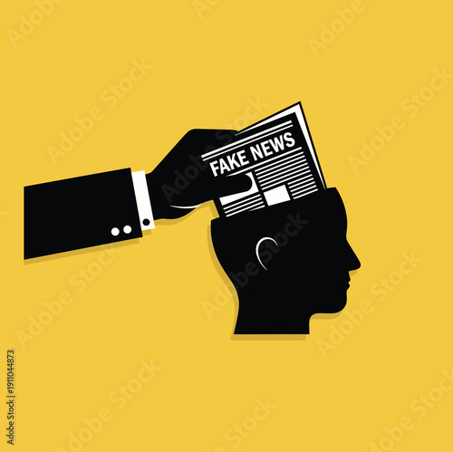 Minimalist Vector Concept Art Describing the Impact of Fake News, Propaganda, and Brainwashing on Human Perception and Mind Control